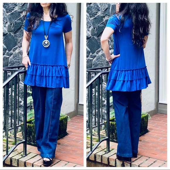 ROYAL BLUE LAYERED HEM SHORT SLEEVES TUNIC TOP - Picture 8 of 13